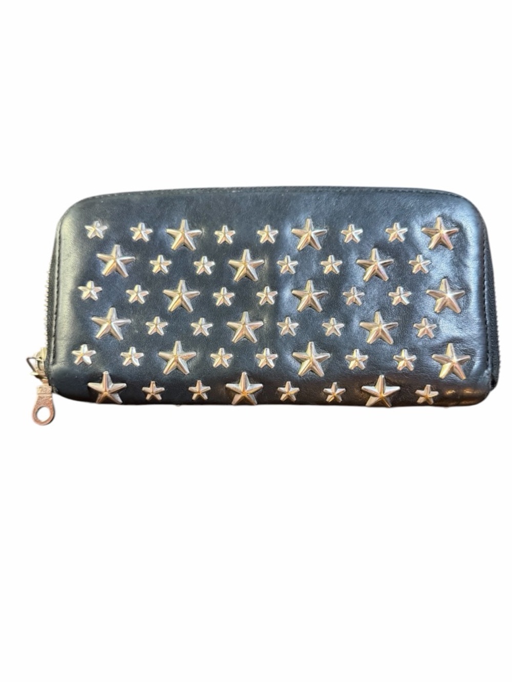Jimmy Choo Black Leather Star-Stud Zip Wallet with Gold-tone Stars
